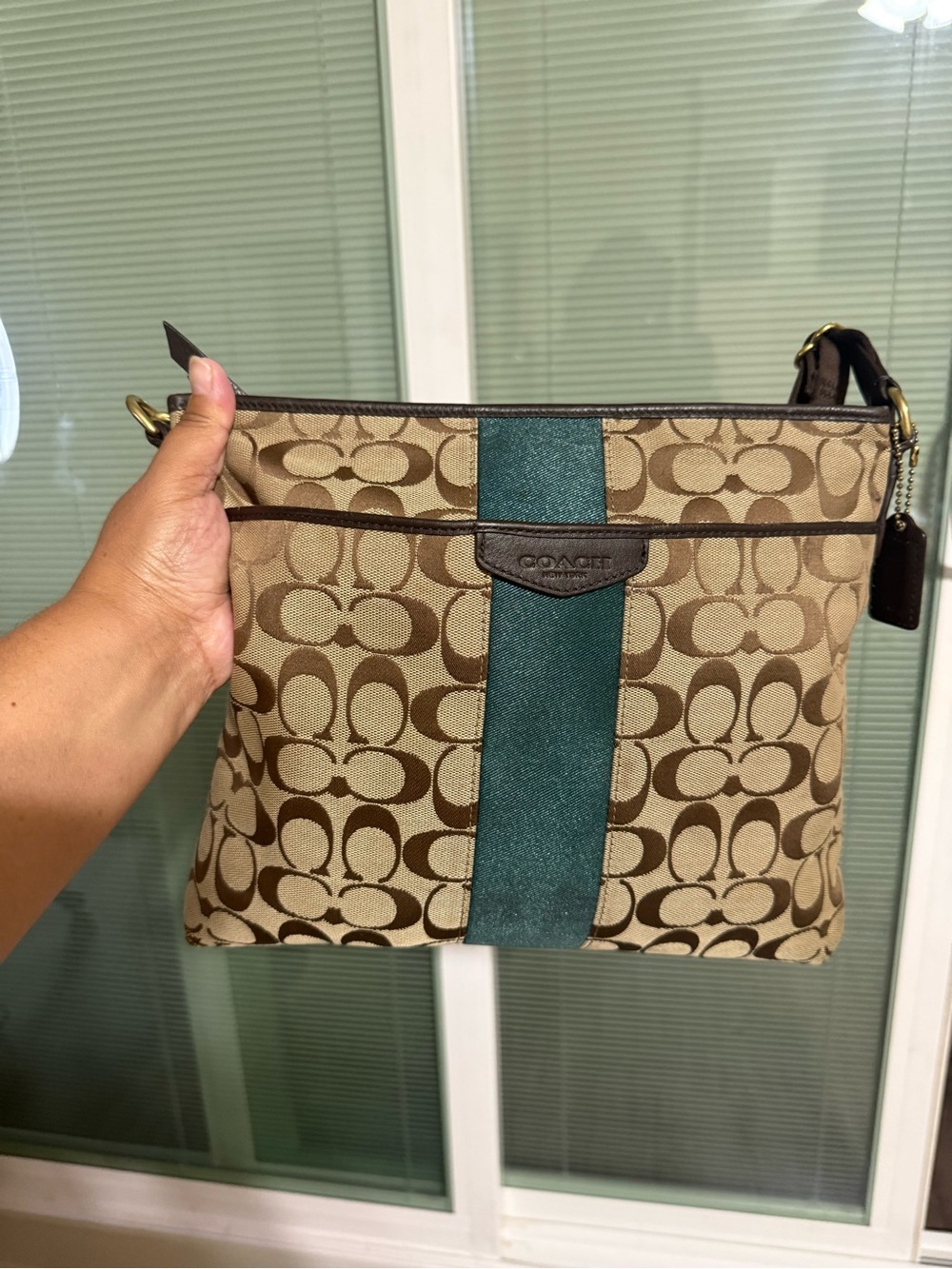 Coach Tan Signature Canvas Crossbody with Teal Center Stripe